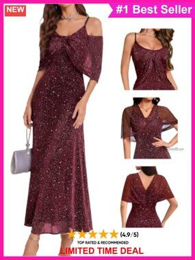 Formal Sequin Cocktail Gown Convertible Shawl Long Dress